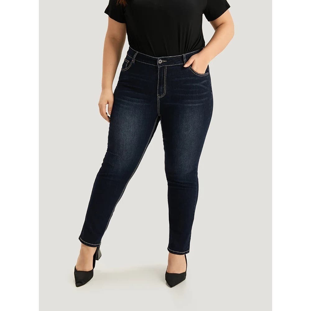 Size 14  • 1x • BloomChic • Contrast Trim Stitch Dark Wash Jeans - Indigo